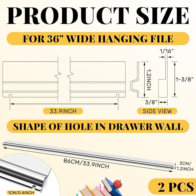 2 Pack Lateral File Bars File Cabinet Rails for 36" Wide Hanging File Folders Old Style Filing Cabinets Drawer Accessories