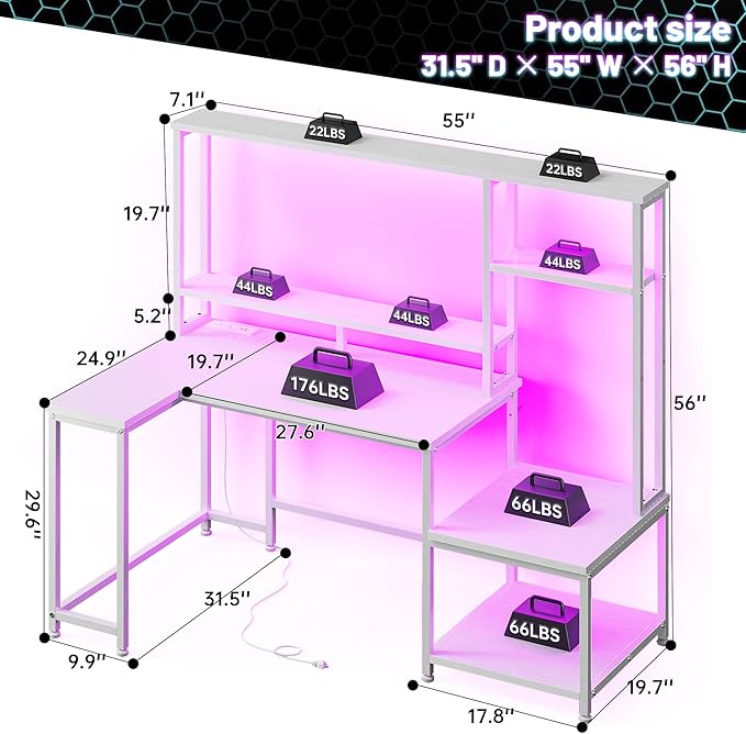 L Shaped Gaming Desk with LED Lights & Outlets,55" Computer Desk with Shelves & Storage Hutch,Reversible Corner Gaming Table with Printer Space & Monitor Stand for Game Room,Home Office,White