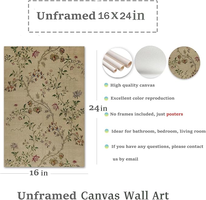 Vintage Botanical Wall Art Decor Antique Floral Canvas Wall Art Neutral Flower Prints Poster Vintage Farmhouse Pictures Painting Aesthetic Floral Artwork for Living Room Bedroom, 16"X24" Unframed