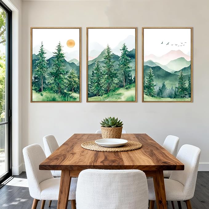 ANHUIB Extra Large Forest Wall Art Green Mountain Wall Decor Set of 3 for Living Room Bedroom Dining Room 24x36 Inch