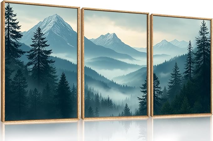 Large Misty Mountain Forest Framed Canvas Wall Art,Nature Pine Tree Wall Decor,Foggy Snow Woodland Painting,Watercolor Scenery Artwork for Living Room,Bedroom,Dining Room,Office -24"x36"x3