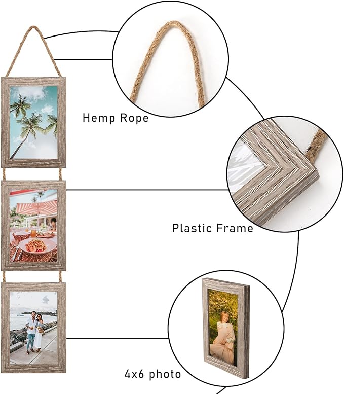 Lavezee 4x6 Picture Frames Collage Rustic, Three 4 x 6 Hanging Picture Frames for Vertical 4 by 6 Inch Photos for Wall