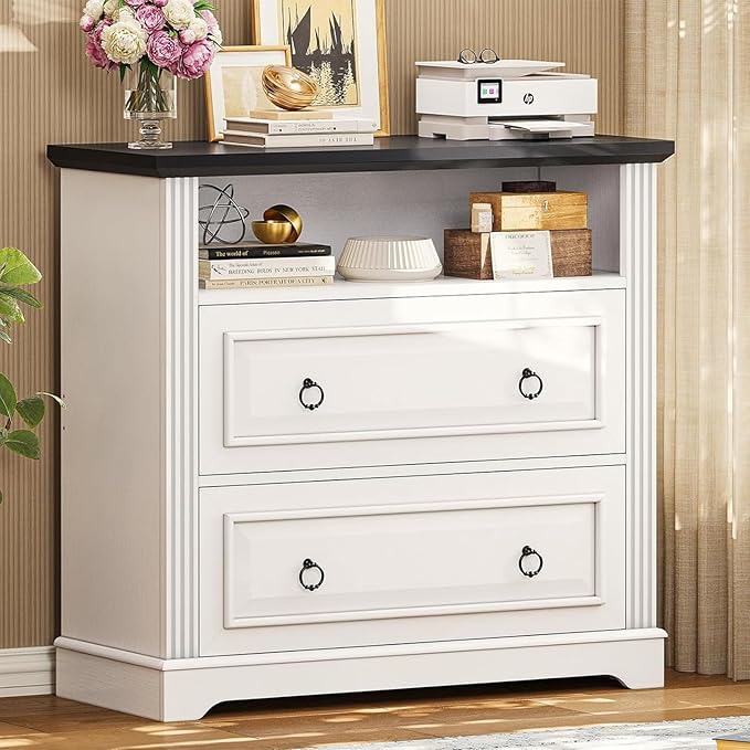 Itaar 2 Drawer File Cabinet, Farmhouse Filing Cabinet for Home Office Fits Letter, Legal, A4 Size, Wood Lateral File Cabinet with Printer Stand, Storage Shelf, White