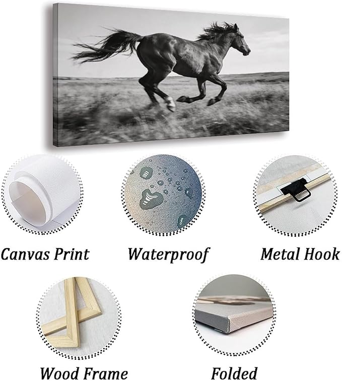Black White Running Horse Framed Canvas Wall Art for Office, Animal Wall Decor 48" L x 24" W