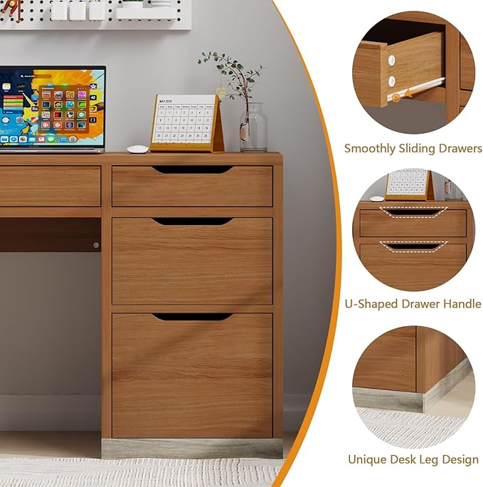 52 Inch Desk with 4 Drawers, Small Computer Desk for Small Space, Home Office Desk with Storage File Drawer for Bedroom, Brown