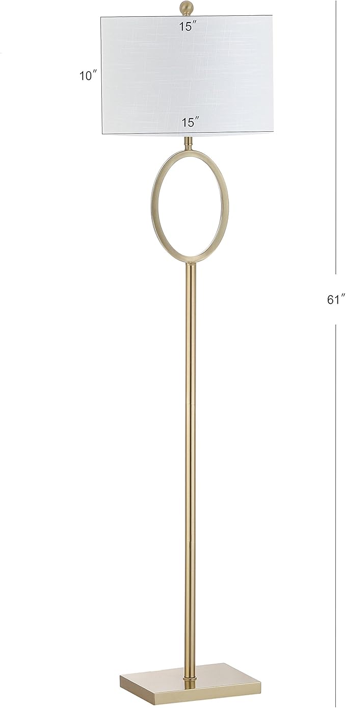 JONATHAN Y 61" Brass Gold Metal LED Floor Lamp for Living Room Modern Hoop Design Standing Lamp, White Linen Drum Shade, Bedroom Home Office, LED Bulb Included JYL1089A
