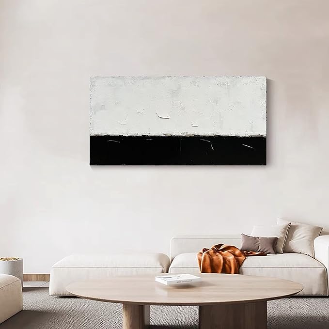 NANKAI Art Hand-painted Minimalist style oil painting, abstract black and white art, 24x48 inches. Contemporary home office wall decoration painting