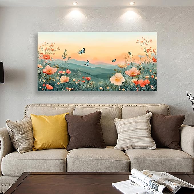 JLXART Canvas Wall Art for Living Room Decor Mountain Landscape with Butterflies and Flowers Picture Prints Bedroom Office Wall Decor Framed Art 24 x 48 inches Ready to Hang