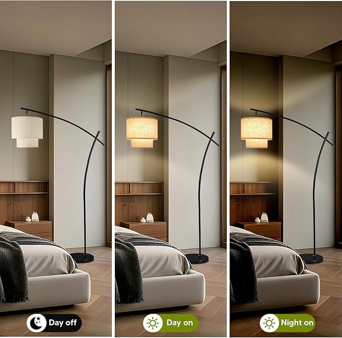 Lightdot Arc Floor Lamp for Living Room, Modern Standing Tall Lamps with Double Linen Shade, Tall Hanging Pole Lamp with Stable Base & Bulb Included for Bedroom/Sofa Beside/Corner Decor-Black