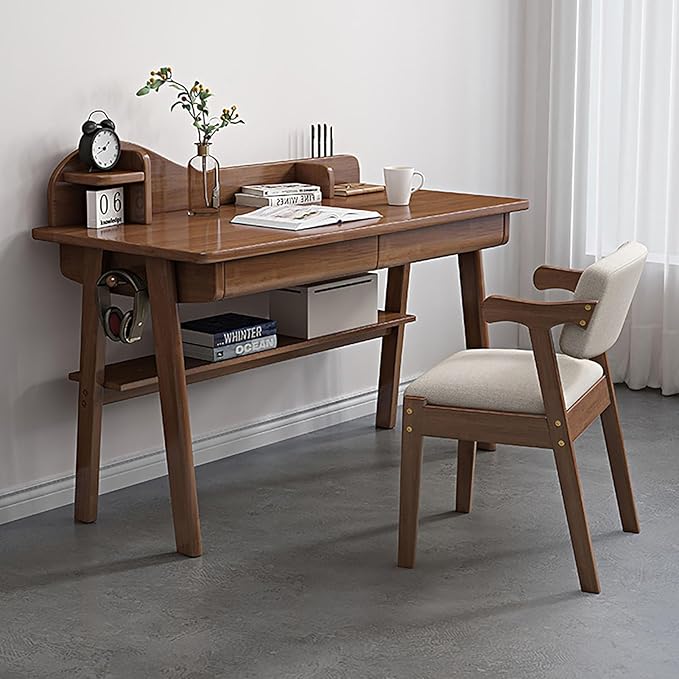 SAZDFY Solid Wood Writing Desk with Drawer and Shelves,Home Office Desk Workstation with Hooks, Modern Work Writing Desk PC Study Table for Small Spaces(100x55x75cm(39x22x30inch), Walnut)