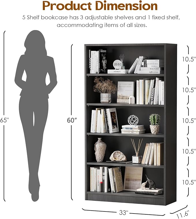 Soohow 5 Shelf Bookcase,60 Inch Wood Tall Bookshelves for Living Room,Grey