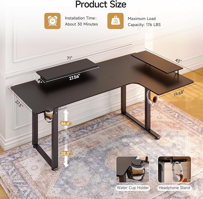L Shaped Electric Standing Desk, 71x43'' Computer Desks with 2 Monitor Shelves, Dual Motor and Memory Controller, Gaming Corner Desk Adjustable Height from 28-46'' for Home Office Workstation, Black