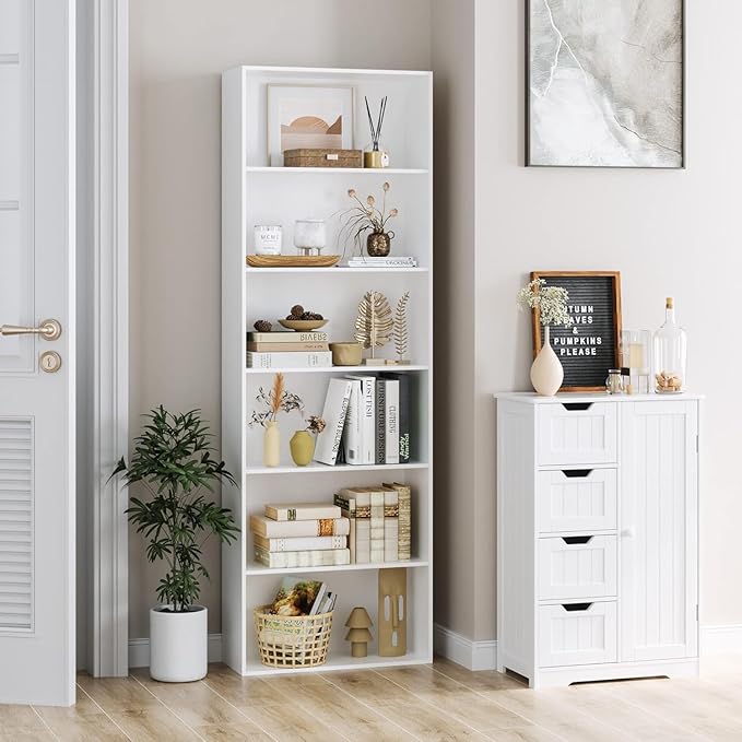 MXV Bookshelf, 6-Tier Open Bookcase, Storage Shelves, Display Storage Shelves, Floor Standing Unit, Home Decor, Furniture for Home Office, Living Room, Bedroom, White2