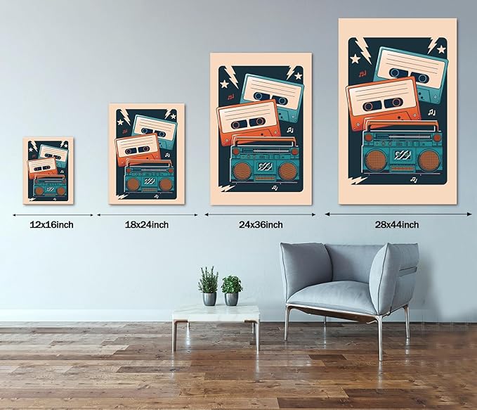 Retro Music Wall Art - Mid Century Cassette Player Canvas Print Aesthetic Room Wall Decor Retro Music Posters Picture Artwork for Living Room Home Office Bedroom Studio Decoration, Framed (12"x16")