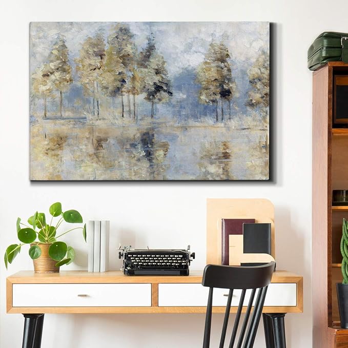 WEXFORD HOME Landscape Wall Art Premium Gallery Wrapped Canvas Abstract Ocean Forest Modern Artwork Decoration for Living Room Kitchen Bathroom Office, Ready to Hang, blue golden forest, 32x48