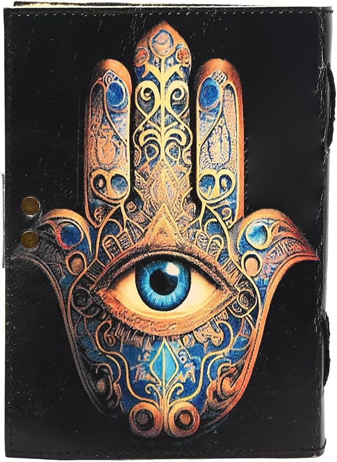TUZECH Book of Spells Leather Bound Journal Deckle Edge Paper Grimoire Printed Diary Third Eye witchcraft supply and Witch Spell Notebook Antique Vintage Book for Men and Women (The Khamsa Symbol)