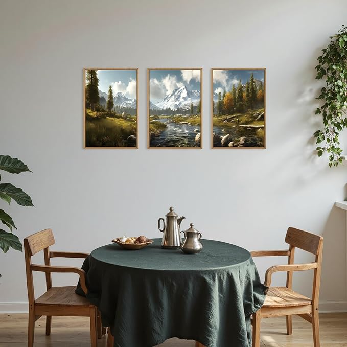 Watercolor Sage Green Mountain Woodland Framed Canvas Wall Art Set,Modern Wilderness River Grassland Wall Decor,Natural Rustic Forest Landscape Artwork for Living Room,Farmhouse- 24"x36"x3