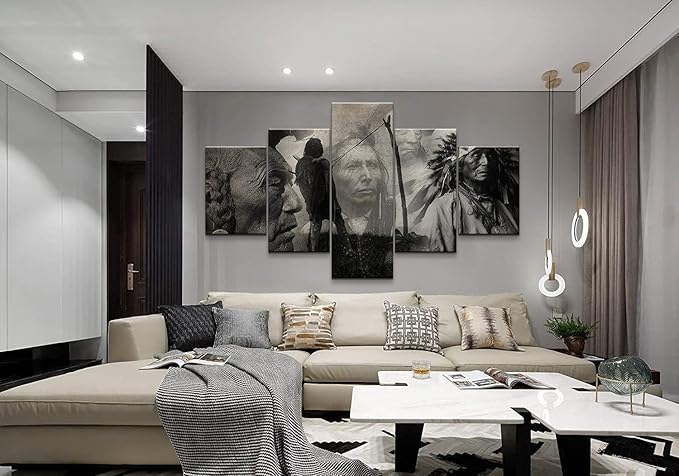 5 Native American Art Posters - Chiefs Indian Art Framed Ready to Hang for Bedroom Decor (70''W x 40''H)