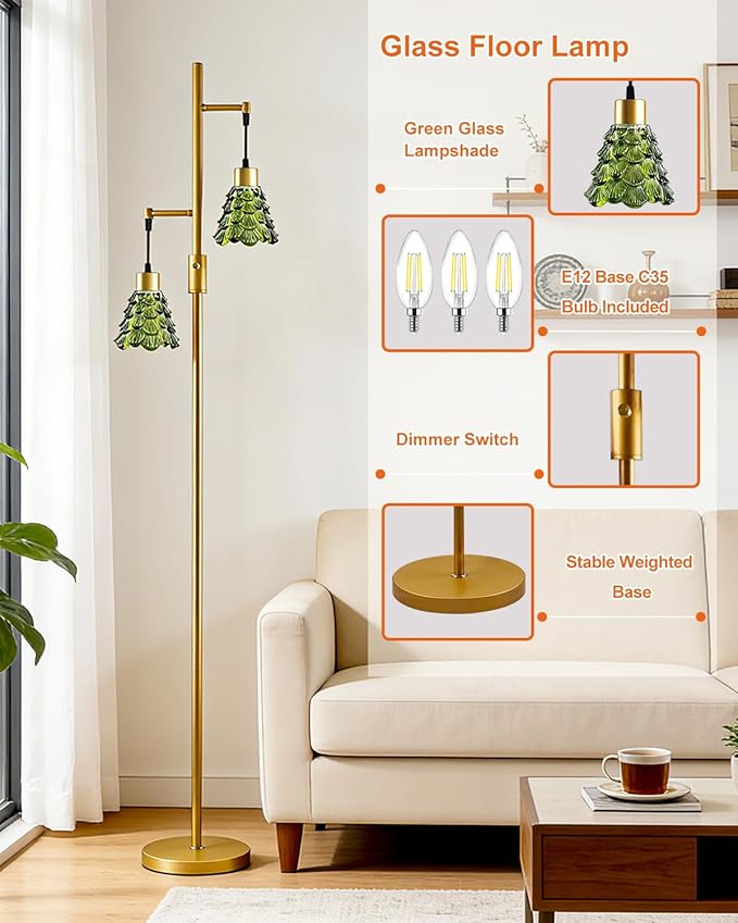 Lightdot 65IN Glass Floor Lamp for Living Room, 2- Light Gold Floor Lamps with Green Glass Shade& 3000K Warm White Bulbs, Modern Standing Tall Lamp for Bedroom/Corner Beside/Home Decor