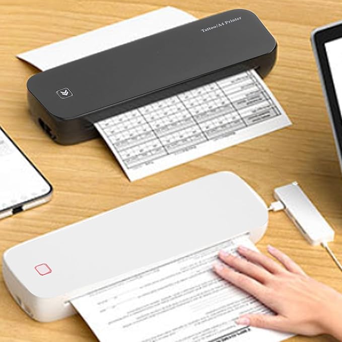 ZJchao Thermal Printers, Portable Printer Cordless for Travel Bluetooth Thermal Printer A4 Thermal Paper Inkless Printer Mobile Printers Mini Printer for Office Home School (White)