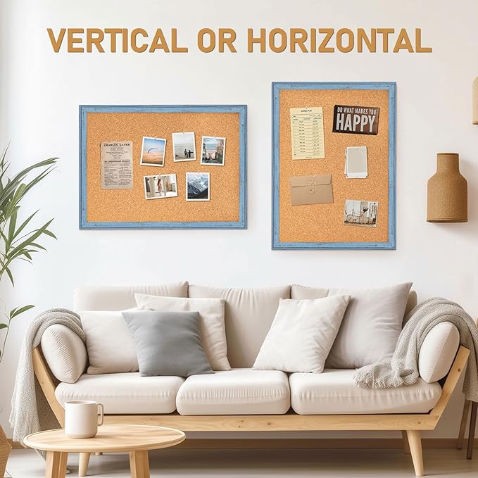 DOLLAR BOSS Cork Boards for Walls, 36 X 24 Inches Bulletin Board Decorative Hanging Pin Board Rustic Wooden Frame Vision Board Notice Board for Office Home Decor, Blue