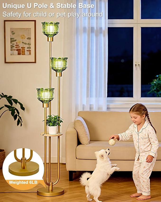 Lightdot Glass Floor Lamp for Living Room 3-Lights Modern Dimmable Gold Floor Lamp with Green Glass Shade & 3000K Bulbs Included Unique Tall Standing Lamp for Bedroom/Sofa Beside/Corner Decor