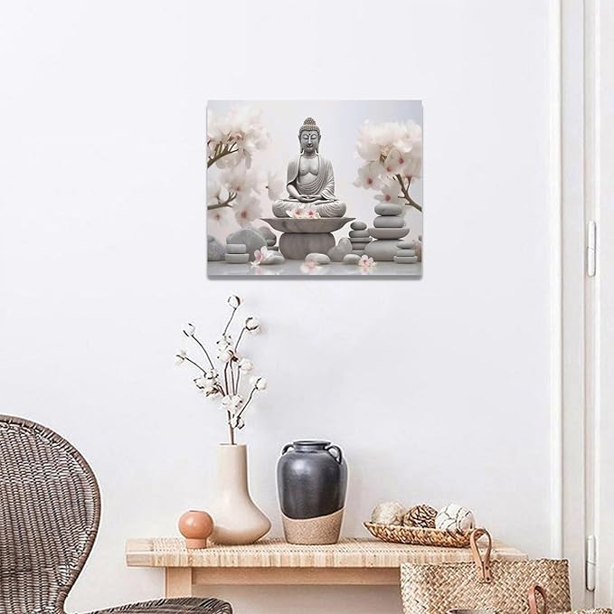 yerretin Buddha Zen Wall Art Buddhist Pictures Wall Decor Blossom Statue Canvas Meditation Painting Modern Artwork Home Decoration for Bathroom Living Room Bedroom Spa Yoga Framed 20"x16"