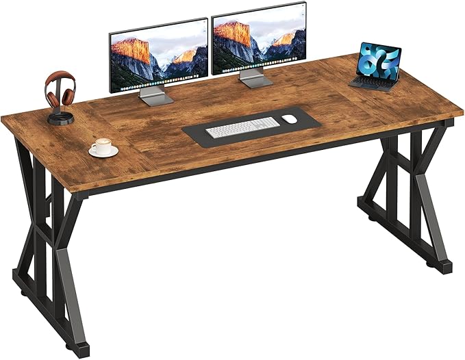 TVU Computer Desk, 55 inch Large Office Desk, Study Writing Table with Thicken Frame, Gaming Desk, Modern Simple Desk for Home Office, Rustic Brown