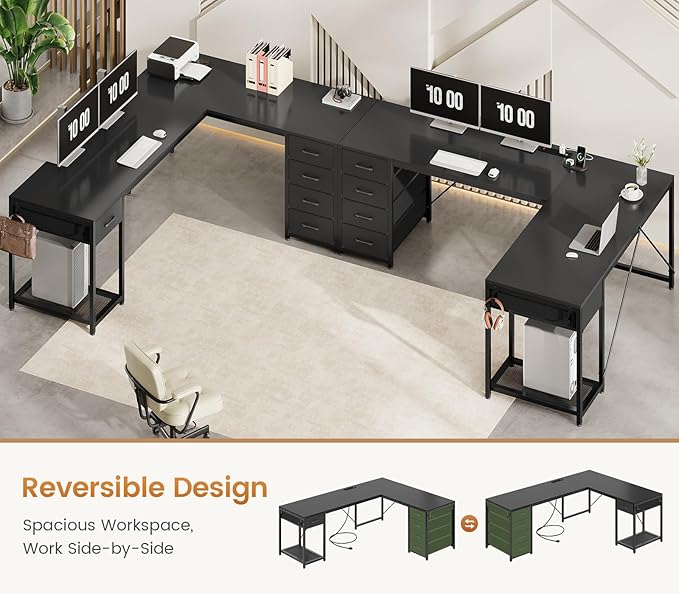 57" L Shaped Desk with 5 Drawers, Reversible Computer Corner Desk with Storage & Power Strip for Home Office, 78.7" Long 2 Person Desk, Black