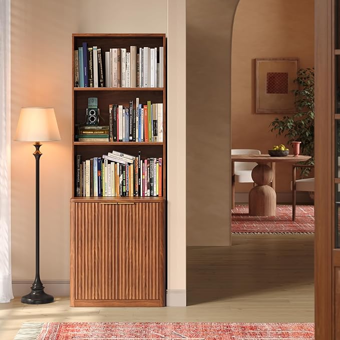 71" Walnut Bookcase with Doors, 5 Tier Fluted Tall Bookshelf with Storage, Librero with Cabinet for Home Office, Living Room,or Bedroom
