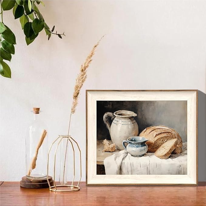 ASTRDECOR Framed Kitchen Wall Art, Modern Muted Still Life Painting Farmhouse Wall Decor, Sourdough Bread Canvas Wall Art Prints, Rustic Jars White Tablecloth Country Wall Decor Living Room-10''x 12''
