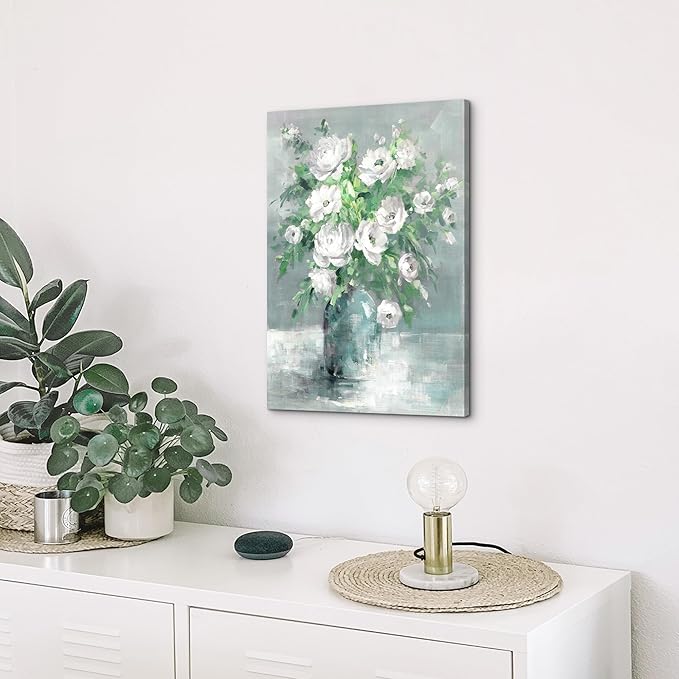 Floral Canvas Wall Art Painting White Rose Flower With Green Leaves Hand-Painted Texture Picture Artwork For Bedroom Bathroom Walls(12x16)