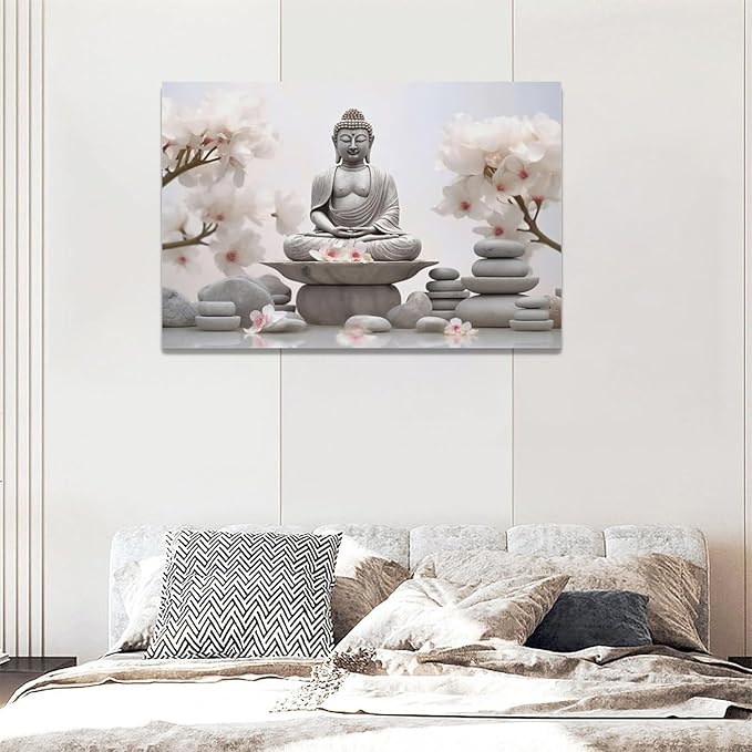 yerretin Buddha Zen Wall Art Buddhist Pictures Wall Decor Blossom Statue Canvas Meditation Painting Modern Artwork Home Decoration for Bathroom Living Room Bedroom Spa Yoga Framed 24"x16"