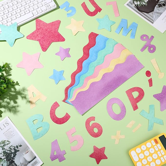 Containlol 188 Pcs Bulletin Board Borders Letters Stars Cutouts Set Include 59ft Poster Board Trims, Alphabet Letter Star Number Punctuation for Classroom(Watercolor)