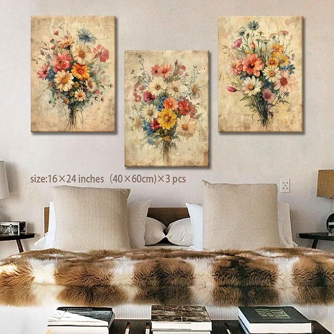 KISSFOX Framed Colorful Wildflower Canvas Wall Art Set Of 3 Flowers Pictures Prints Flowers Printing Floral Watercolors Flower wall Decor Living Room Girls Bedroom Bathroom