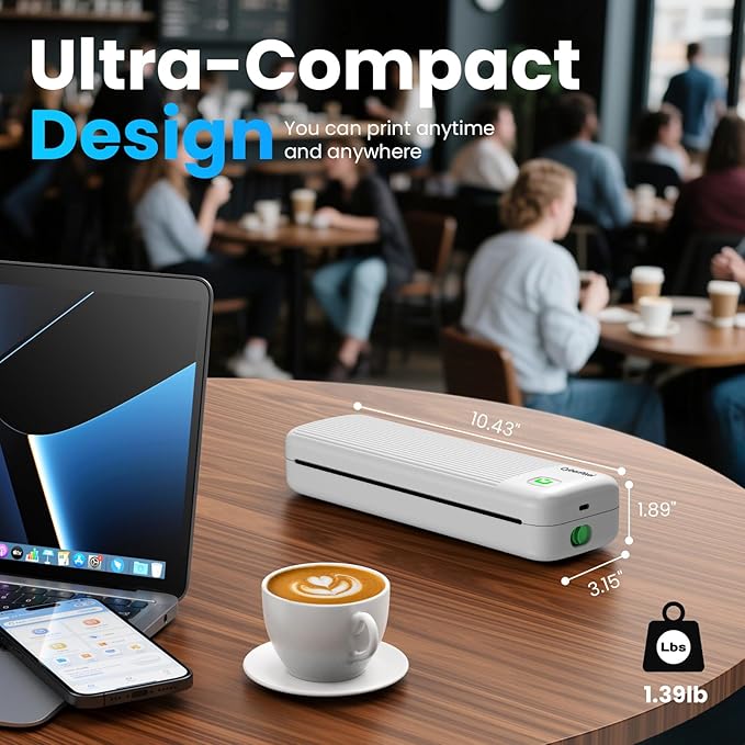 Portable Printer for Travel, Inkless Wireless Thermal Printer Compatible with iOS, Android, Laptop, Bluetooth Printers Supports 8.5"x11" US Letter for Office,Car,Home (White)