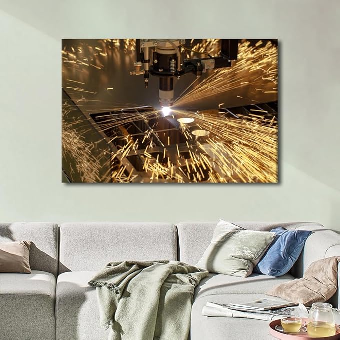 TUMOVO Wall Art for Living Room Metalwork Industry Machine Art Paintings for Wall Decorations Plasma Cutting Canvas Prints Wall Artwork 1 Piece Wall Art Stretched and Framed Ready to Hang, 24" x36"