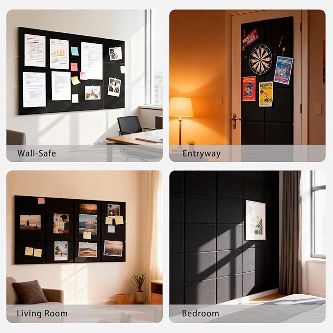 12 Pack Large Cork Boards for Walls, 48" x 24" Black Bulletin Board, Felt Wall Tiles with 72 Safe Removable Adhesive Tabs, Pinboard Cork Board for Office Home Decor