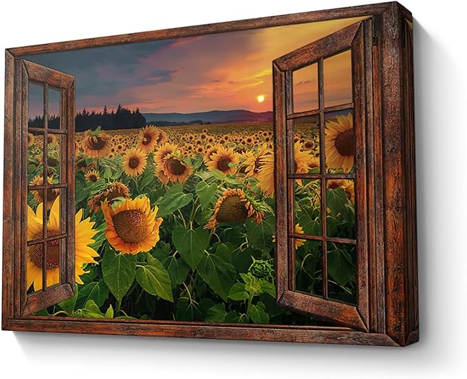 Parylore Sunflower Wall Art Canvas Print Wall Decor Sunflower Field Sunset Landscape On Wood Window Painting Framed Modern Artwork for Living Room Bedroom Bathroom Office Home Decor 16x24 In