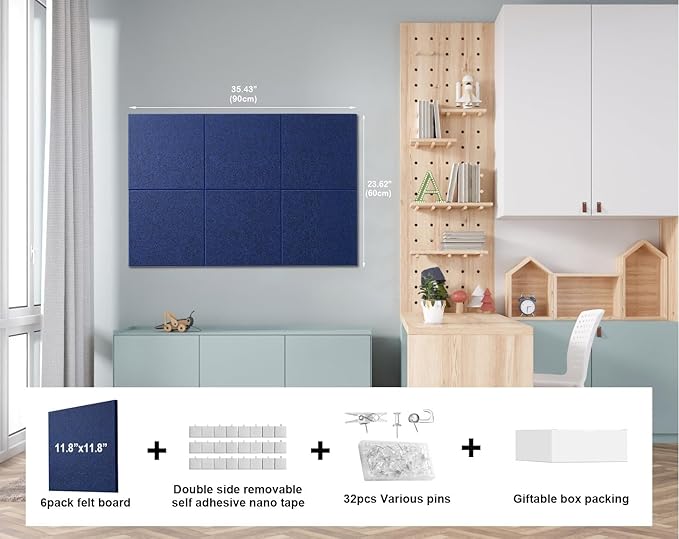 Felt Wall Tiles Bulletin Board Large Cork Board Alternative 6 Pack 11.81”x11.81”x0.47” Felt Pin Board Tack Board with Safe Removable Adhesive Tabs for Home Office School 36x24 (Dark Blue)
