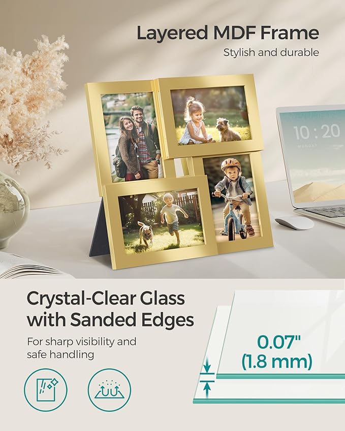 SONGMICS Collage Picture Frames, 4x6 for Wall Decor, Multi Family Photo for Gallery Decor, Hanging Display, Set of 4, Pale Gold URPF025A01