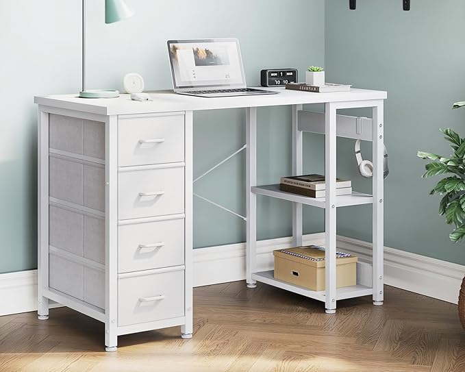 Casaottima 40 Inch Small Computer Desk with 4 Fabric Drawers, Modern PC Desk for Small Spaces, Home Office Desk with Storage Shelves, White
