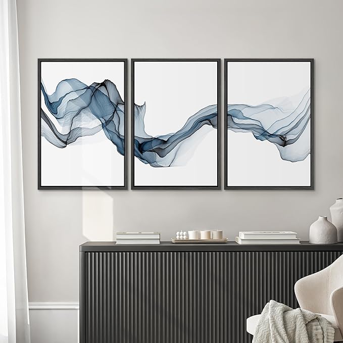 SIGNWIN Framed Canvas Print Wall Art Flowing Blue Smoke Abstract Shapes Digital Art Modern Art Minimalist Relax/Calm Cool for Living Room, Bedroom, Office - 24"x36"x3 Black