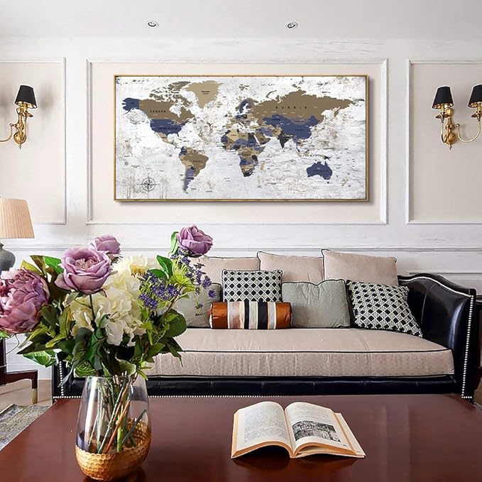 Framed Wall Art World Map Wall Art Canvas Picture24inx48in Large Grey Map of The World Canvas Painting Artwork Prints for Office Wall Decor Home Living Room Decorations Framed Ready to Hang