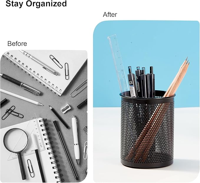 Comix Pen Holder Desk Organizer, Wire Mesh Pencil Cup with Foam Pad and Non-Slip Bottom Office Supplies Desk Accessories for Home Office School, 10 Packs