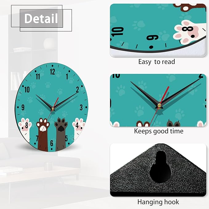 SPUNKER Wall Clocks,Cute Cat Paw Wall Clocks for Living Room Decor,Animal Print Kitchen Clocks Wall Battery Operated - 10 Inch Round Bathroom Wall Clock Silent Non-Ticking