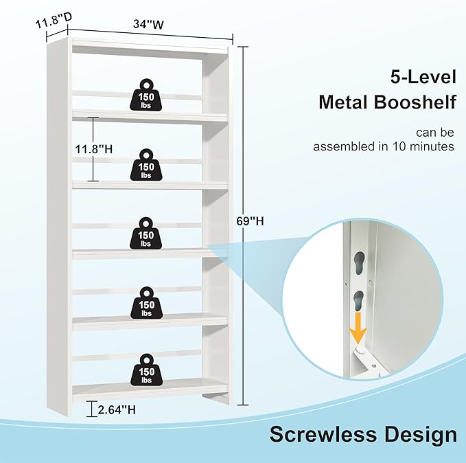 69" White Bookshelf, 5 Tier Tall Bookcase with Bookend, Large Metal Book Shelf Display Storage Shelves for Bedroom Living Room Office