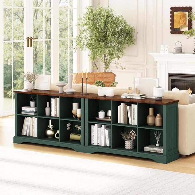 6 Cube Storage Organizer - 47.4" Farmhouse Wood Low Bookshelf, 3 Tier Horizontal Open Shelf Bookcase Cubby Storage Console Cabinet for Living Room, Entryway, Office, Green