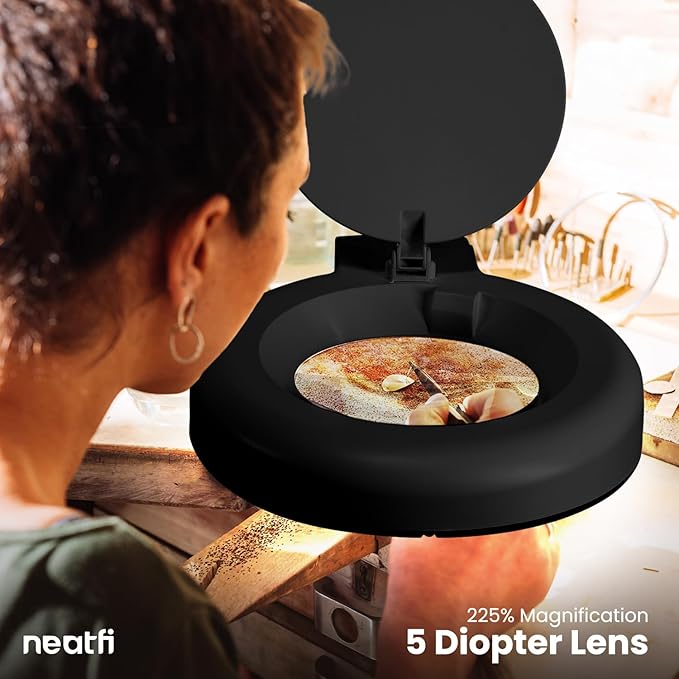 Neatfi LED Magnifying Lamp with Clamp | 12W | 60 SMD LEDs | 1,200 Lumens | Adjustable Step Dimming | 2.25x Magnification Desk Lamp Magnifier for Crafts, Painting, and Hobbies (Black, 5-Diopter)