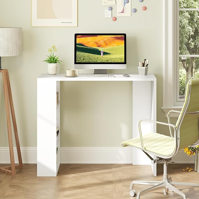 Giantex Small Computer Desk, 36 Inch Compact Home Office Desk with Storage Open Shelves & Anti-Tipping Kit, Makeup Vanity Table, Student Teen Study Writing Desk for Small Space, White